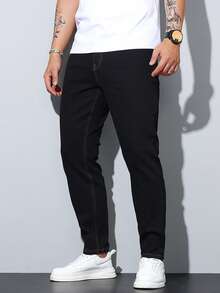 1pc Men's Stretchy Jeans, Korean Fashion Slim Fit Casual Pants - Black - View 2