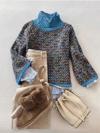 女式几何渐变针织套头衫 - 秋冬长袖舒适毛衣 | 柔软面料的日常休闲装