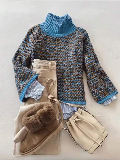 Women's Geometric Gradient Knit Pullover - Long Sleeve Cozy Sweater For Autumn Winter | Casual Daily Wear With Soft Fabric