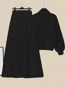 大码女式纯色长袖毛衣和针织中长裙休闲套装，秋冬款 - 黑色 - 查看 3