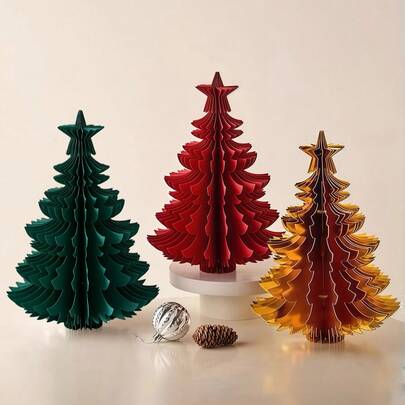1set Artificial Christmas Trees, Small Christmas Tree Paper Honeycomb Ball, Christmas Origami Decoration, Christmas Gift, Xmas Party Decoration, Home Decor, Dinner Table Centerpiece
