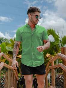 Men's Short-Sleeve Shirt With Mandarin Collar And Linen-Look - Assorted Colors - Comfortable - Olive Green - View 4