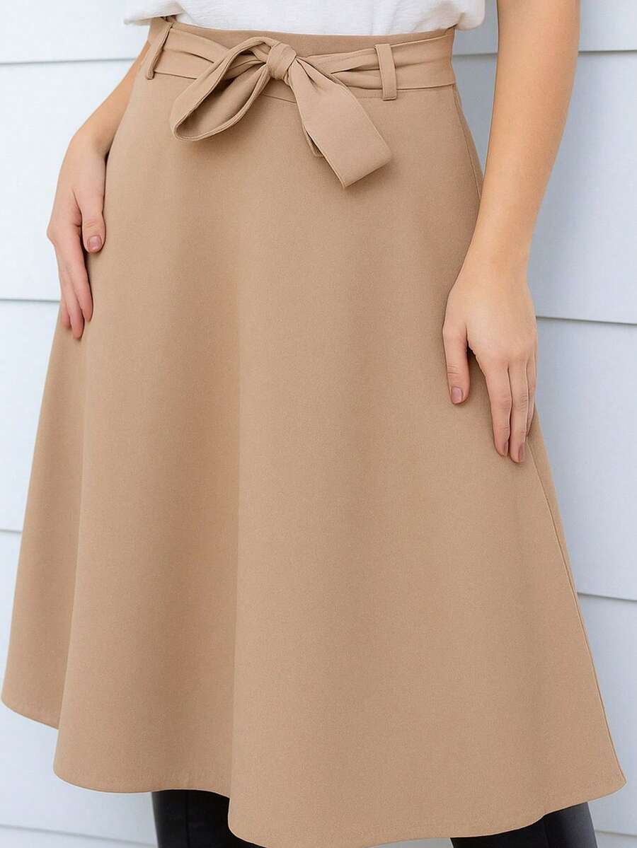 Tailored Midi A-Line Skirt With Belt - Beis - Ver 1