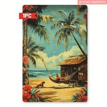 2D Flat, 1pc Tropical Paradise Beach Hut Metal Sign - 20.32x30.48 Cm Iron Wall Decor With Palm Trees, Hammock & Dog,  Coastal Atmosphere For Home, Beach Cottage & Summer Decoration, Beach Theme Decor, Perfect For Room Decor - White - View 2