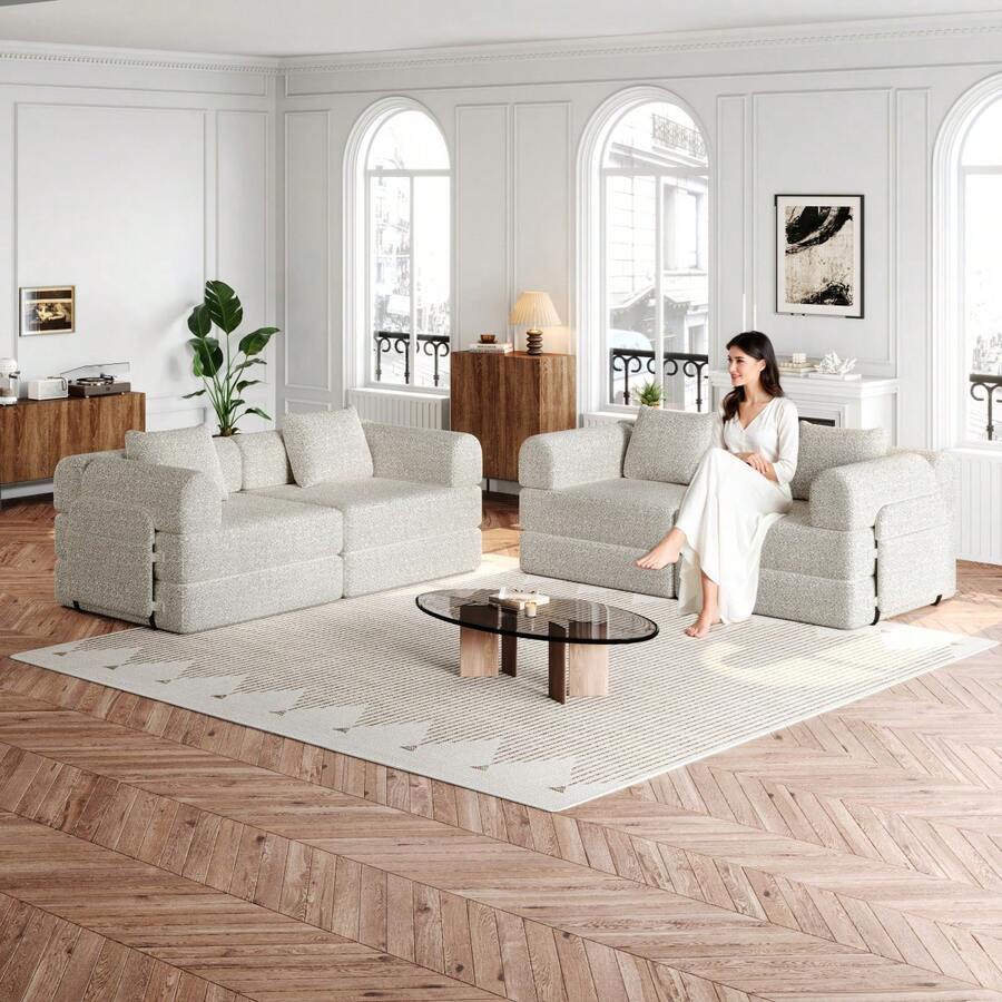 Sofá Cama Chenille 2 en 1 con Almacenamiento en el Reposabrazos, Tres Estructuras Metálicas y Múltiples Opciones de Configuración. Conjunto de Dos Piezas - caqui + chenilla + 4 plazas - Ver 1