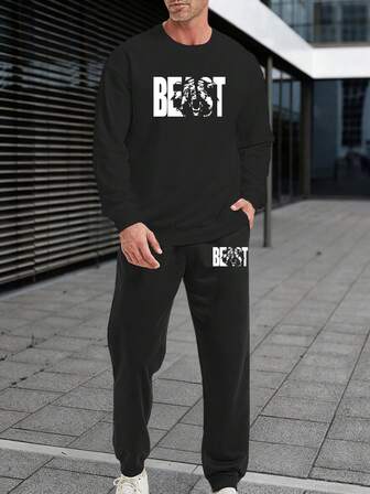 2 piezas Conjunto de sudadera y pantalón de chándal para hombre de otoño, sudadera negra de manga larga con cuello redondo casual, pantalón de chándal negro con cintura elástica y cordón, estampado gráfico de la bestia