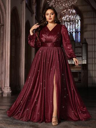 高贵女士加大码纯色V领长主教袖晚礼服开衩褶皱细节长款正式连衣裙