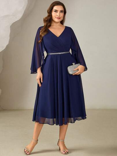 Women's Plus Size Chiffon V Neck Beaded Midi Dress With Bishop Long Sleeves Elegant Blue Bridesmaid Gown Fall Winter Wedding Guest Gown Formal Dresses