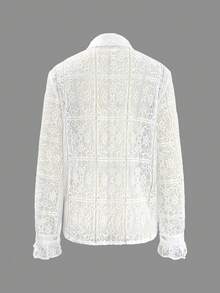 女士休闲宽松长袖蕾丝衬衫，纯色梭织面料，前襟纽扣，金属纽扣，适合休闲、办公、日常穿着，春夏秋季皆宜。 - 白色 - 查看 2