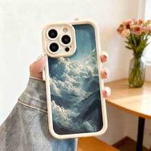 Cubierta de teléfono con borde negro diseño de montañas y nubes impresión paisaje natural para uso diario y viajes - Blanco - Ver 2