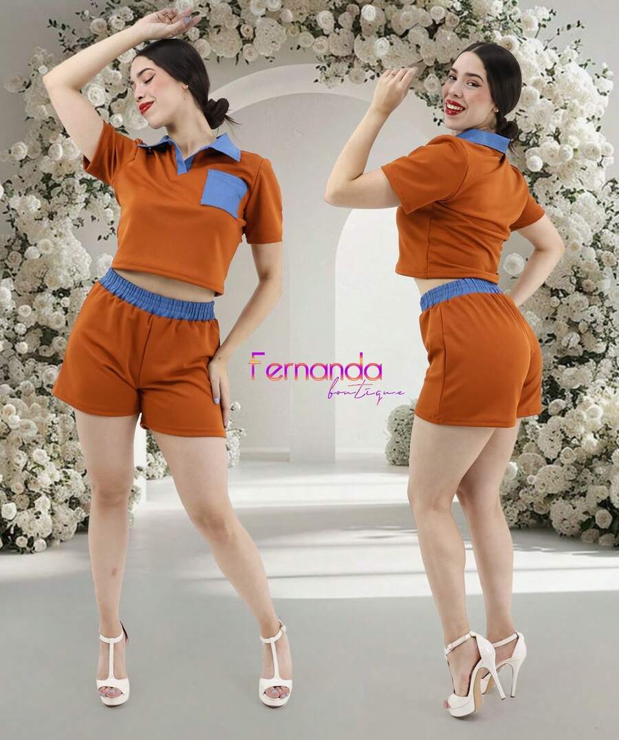 Conjunto informal de dos piezas para mujer: top corto de manga corta con cuello polo y pantalones cortos, ribete en contraste y detalle de bolsillo. - Naranja Quemada - Ver 1