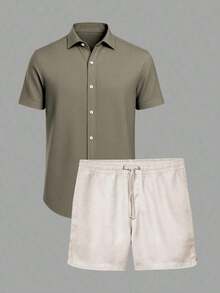 Men's Kit: Short-Sleeved Shirt With Italian Collar And Plain Shorts. Premium Set, Comfortable, Lightweight And Cool, Perfect For Summer, New Year's Eve And Christmas. - 綠色 - 查看 6