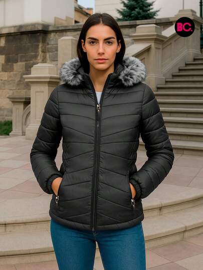 Big City Chamarra Capitonada Acolchada Moderna Dama Con Gorro Desmontable
