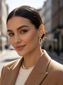 2pcs Geometric Double Loop Copper Cubic Zirconia Inlaid Earrings For Women, Suitable For Daily Wear, Dating And Parties, Gifts - Yellow Gold - View 4