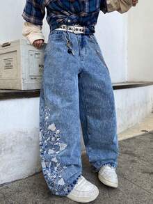 1pc Men's Fashion Street Style Embroidered Wide Leg Jeans, Loose & Comfortable, Versatile For All Seasons (No Belt Or Accessories) - Blue - View 4