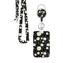 1 Conjunto (Clipe de Crachá + Cordão + Porta-Cartão) Porta-Crachá de Professor com Padrão de Flor Branca em Bottom Preto, Acessórios Casuais Personalizados para Assistente Médico, Carretel de Crachá de Enfermeira, Chaveiro Retrátil Durável, Porta-Cartão de Identificação Comercial Simples, Adequado para Escola, Trabalhadores de Escritório, Equipe Médica, Homens e Mulheres, Dia da Enfermeira, Presente do Dia do Professor - Margarida Preta