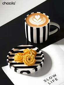 choxila 1 Set nordischer Stil Streifen Keramik Tasse & Untertasse Set, Ins Stil rund zylindrische amerikanische Latte Kaffeetasse & Untertasse Set, Trinkglas Tasse & zarte Teekasse & Untertasse Set für den Heimgebrauch oder Nachmittagstee - Tasse - Übersicht 7