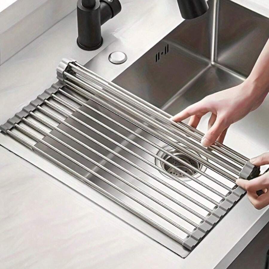 1 pieza Escurridor de platos enrollable, Rejilla escurreplatos multifuncional de acero inoxidable sobre el fregadero, Rejilla portátil enrollable de acero inoxidable, Felpudo para el fregadero, Utensilio de cocina - Multicolor - Ver 1