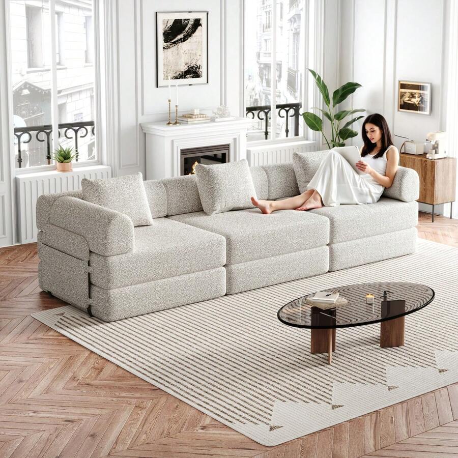 Sofa Bed Set - Khaki + Chenille + 3 Seat - View 1