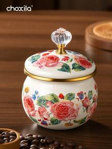 1个糖罐、咖啡罐、茶叶罐、多功能储物罐、食品储物罐，搪瓷材质，图案设计。