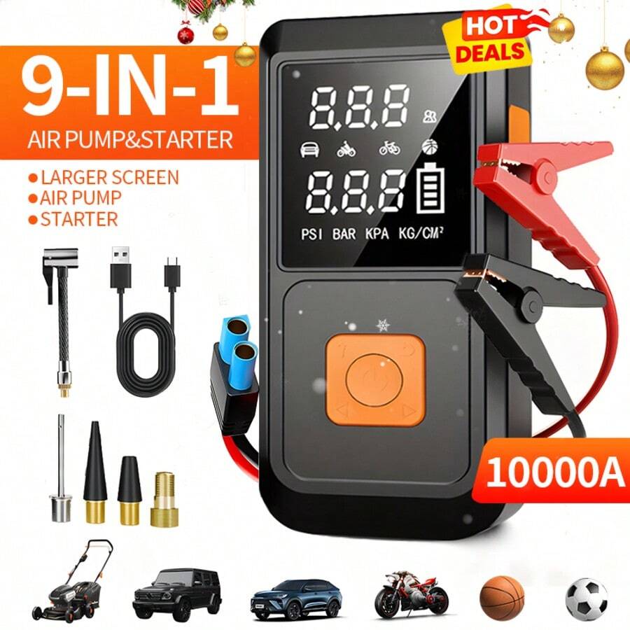Car Accessory! 9-In-1 Jump Starter | 6000mAh Capacity + 150PSI Air Pump | USB Fast Charging + LED Lighting + Large Screen Display | Portable And Practical, An Daily Essential | Great Halloween Gift - Black - View 1