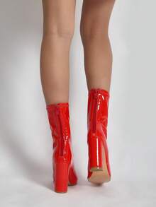 秋冬女式亮粉色尖头粗跟高跟踝靴，时尚百搭，适合圣诞派对，红色鞋跟 - 紅色 - 查看 4