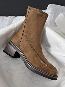 Retro Flat Chelsea Ankle Boots For Women, Low Heel, Versatile, Zipper Back, Spring/Autumn - Khaki - View 4