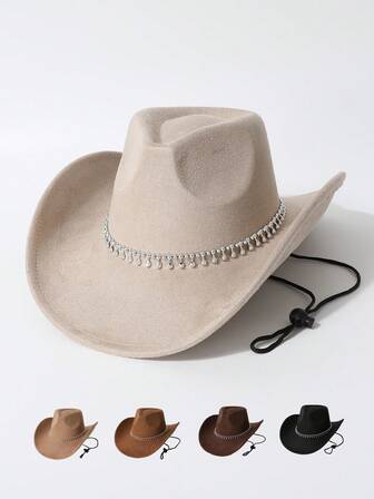 1pc Women's High-Quality Windproof Rhinestone Hatband Decor Wide Brim Hat, European & American Western Cowgirl Style, Fashionable Minimalist Fedora, Suitable For Daily Wear, Parties, Western Themed Events, Gatherings, Cosplay, Graduation Ceremonies, Masquerade Balls, Holidays, Birthday Celebrations, Concerts