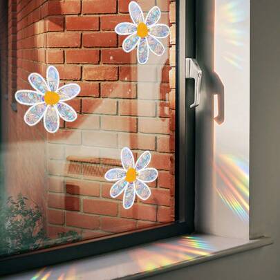 Moderne Gänseblümchen Wandaufkleber, PVC statische Haftfolie Fensteraufkleber, wiederverwendbare selbstklebende Dekoration für Glasflächen, matte Oberfläche, rechteckiges Weltraum-Thema Regenbogen-Licht Dekoration