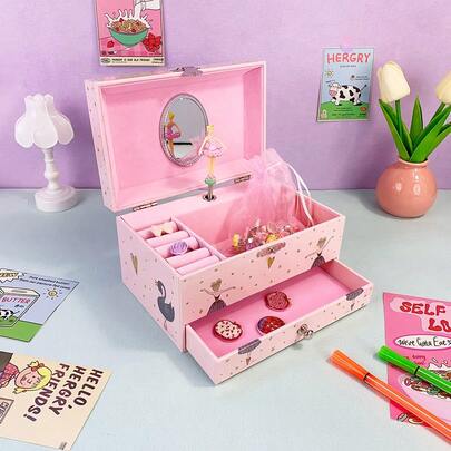 1pc Gold Foil Ballet Princess Pink Music Box, Wooden Material With Drawer & Mirror, Jewelry Storage & Display Box, Birthday Gift, Suitable For Daily Use, Wedding, Christmas, Birthday