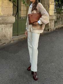 女士时尚条纹前开襟纽扣口袋针织开衫毛衣，适合假日、度假和日常穿着 - 彩色 - 查看 4