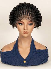Short Handmade Crochet Lace Wig, Cute Synthetic Braided Lace Wig With Baby Hair, Seamless Crochet Wig - Black - View 2