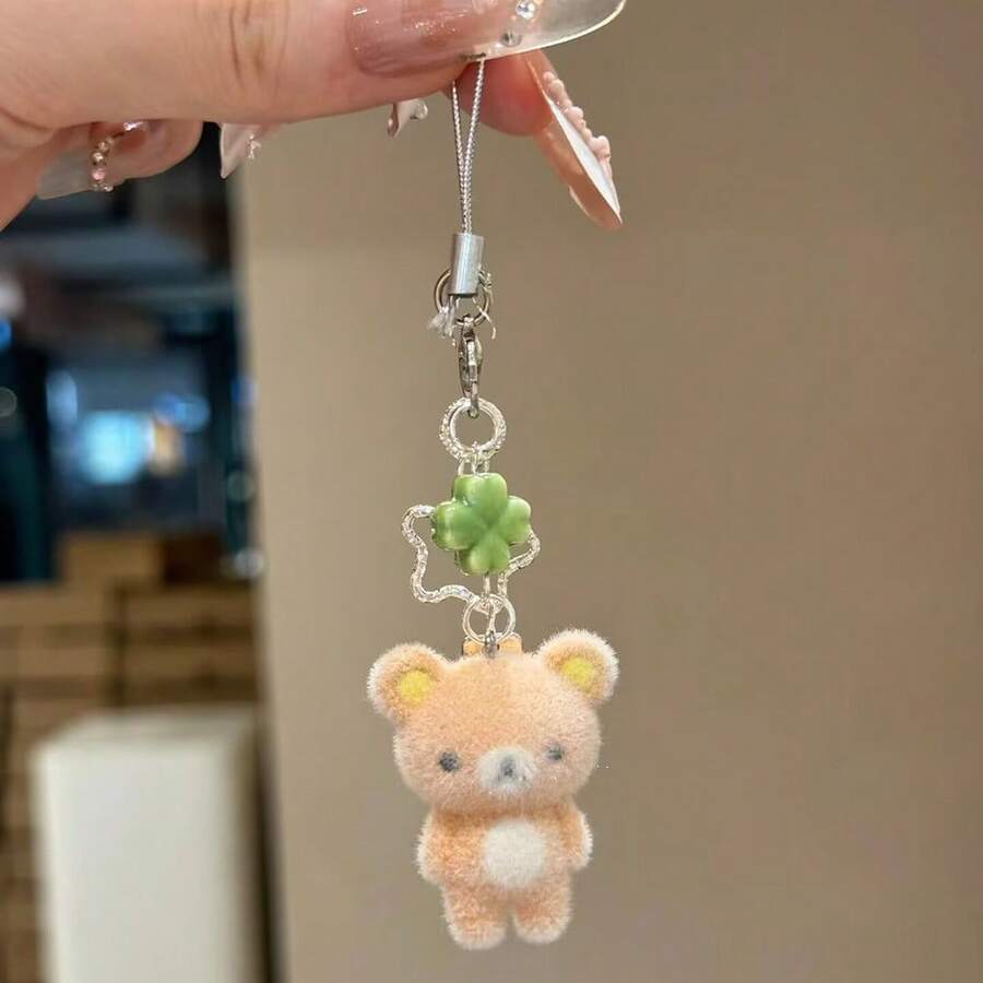 Cute Flocked White Bear, Rilakkuma Phone Charm, Four-Leaf Clover Charm, Camera CCD Pendant - 輕鬆熊 - 查看 1