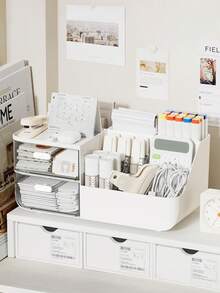 1pc Vertical Desktop Storage Box, Plastic Office Desk Organizer With Drawers - Office Stationery Rack, Cosmetic Storage Solution - Lightweight, Floor-Standing