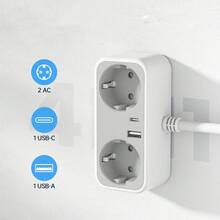 4-en-1 Multiprise portable, 2 prises AC, 1 port USB et 1 port Type-C, cordon d'extension de 6 pieds, conception légère, convient pour la maison, le bureau, le dortoir, les voyages, gris clair - Prise de type F UE (220-240 V) - Voir 1