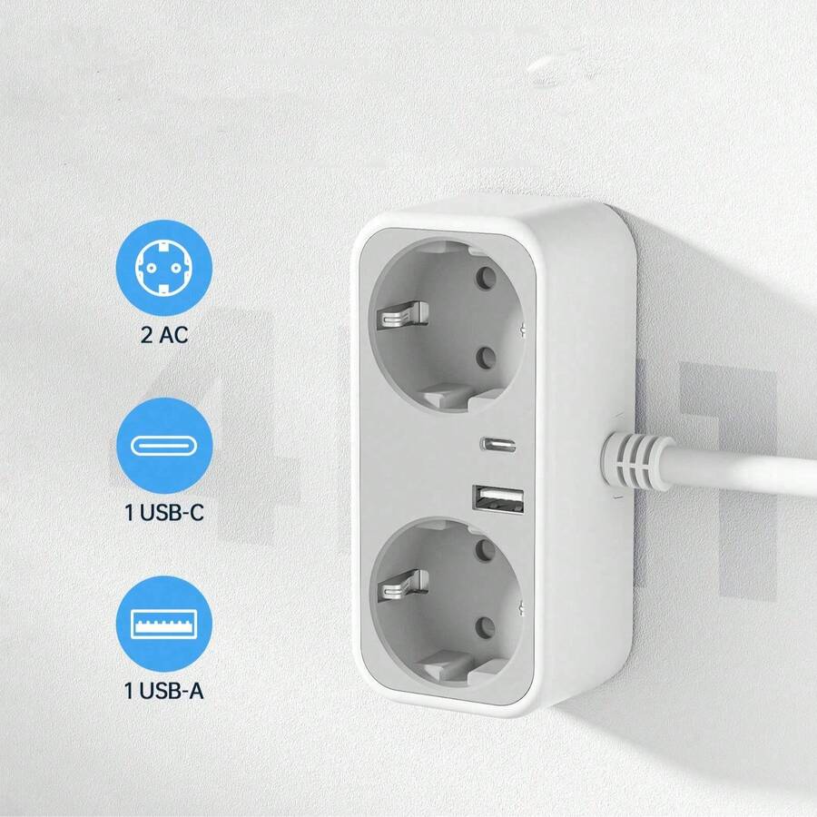 4-en-1 Multiprise portable, 2 prises AC, 1 port USB et 1 port Type-C, cordon d'extension de 6 pieds, conception légère, convient pour la maison, le bureau, le dortoir, les voyages, gris clair - Prise de type F UE (220-240 V) - Voir 1