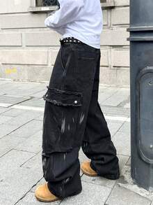 Infinite Jeans 1pc American Street Style Men's Multi-Pocket Cargo Pants Loose Wide Leg Denim Jeans All Season Fashion Versatile Long Pants (Product Does Not Include Belt And Accessories) - Black - View 6