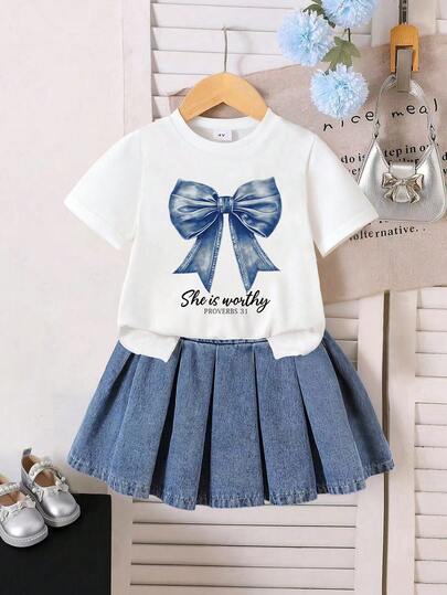 Toddler Girls' Bow Decor Short Sleeve Top And Denim Skirt Set