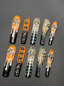 10pcs Handmade Coffin Shaped Embossed Nail Art, Dark & Sweet Chic Style, Stark Contrast Of Bright Orange & Black, Accented With 3D Transparent White Flowers, Black & White Glitter Texture, Fully Studded With Diamonds, And Featuring "Dripping" Glitter Design. Nails - Multicolor - View 2