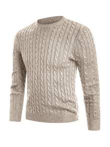 1pc Men's Fashionable Twist Rope Solid Color Crew Neck Long Sleeve Sweater - Khaki - View 1