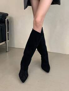 2025秋冬季女士仿麂皮卡其色牛仔靴，细跟，时尚宽筒高筒靴，猫跟 - 黑色 - 查看 4