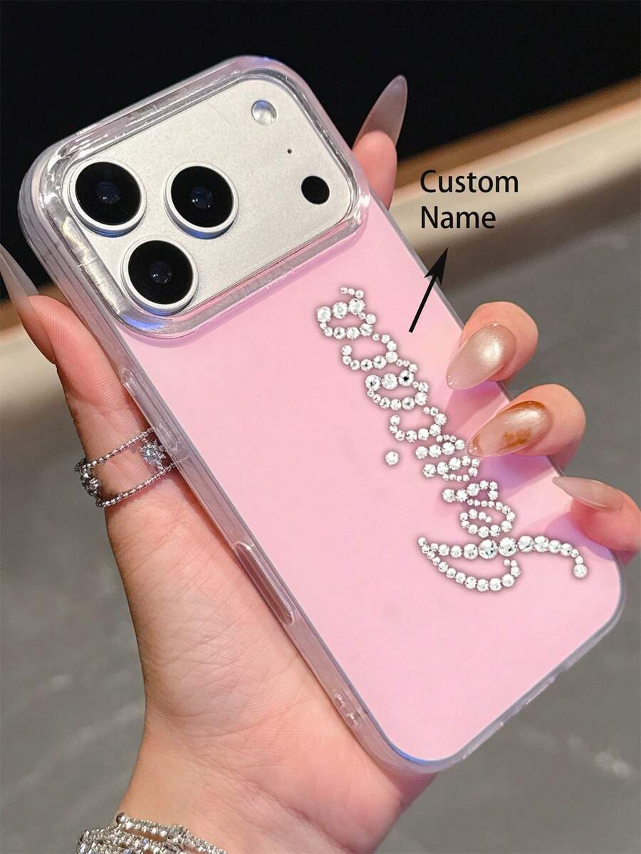 Ốp lưng điện thoại thiết kế tối giản đính đá lấp lánh, cá nhân hóa theo tên và chữ cái, tương thích với iPhone 17 Pro Max, 17, 16, 15, 14, 13, 12, 11 Pro Max, 14, 15, 16 Plus, chống sốc và bảo vệ. - Hồng - Xem 1