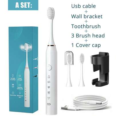 1pc Electric Toothbrush, 3 Replacement Brush Heads, USB Rechargeable, 5 Cleaning Modes, 1 Set Includes Bathroom Wall Mount Toothbrush Holder, Travel Brush Head Cover (Portable Protective Cap), IPX7 Waterproof Smart Toothbrush, Whitens Teeth, Protects Oral Health, For Adult Use