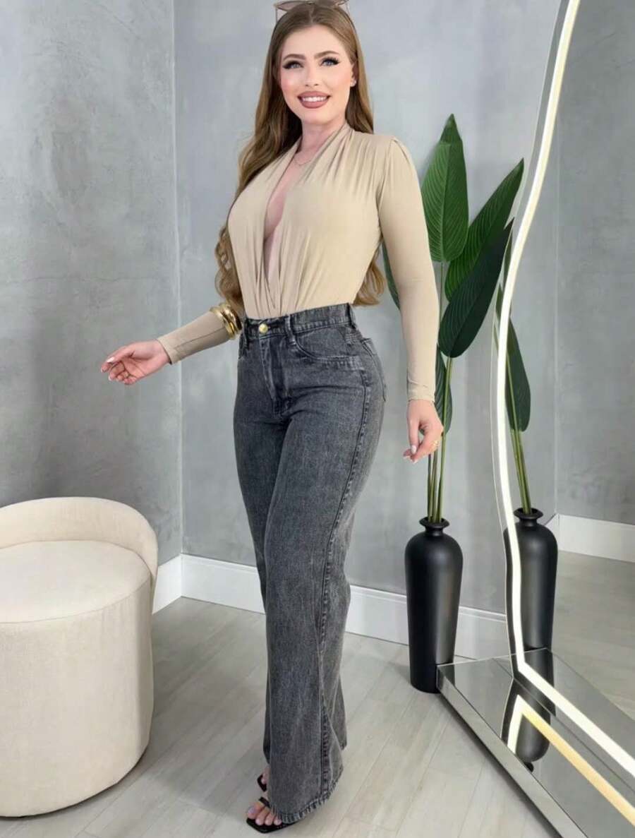 Women's Wide Leg High Waisted Jeans With Butt Lifting Pant - 黑與白 - 查看 1