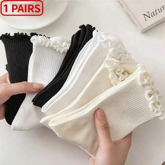 1/3/6pairs Ruffle Socks For Women Frill Mid Crew Middle Tube Ankle High Breathable Black White Female, Fall