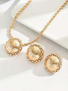 3pcs Geometric Circle Pattern Metal Chain Circle Stud Earrings & Pendant Versatile Jewelry Set - Yellow Gold - View 2