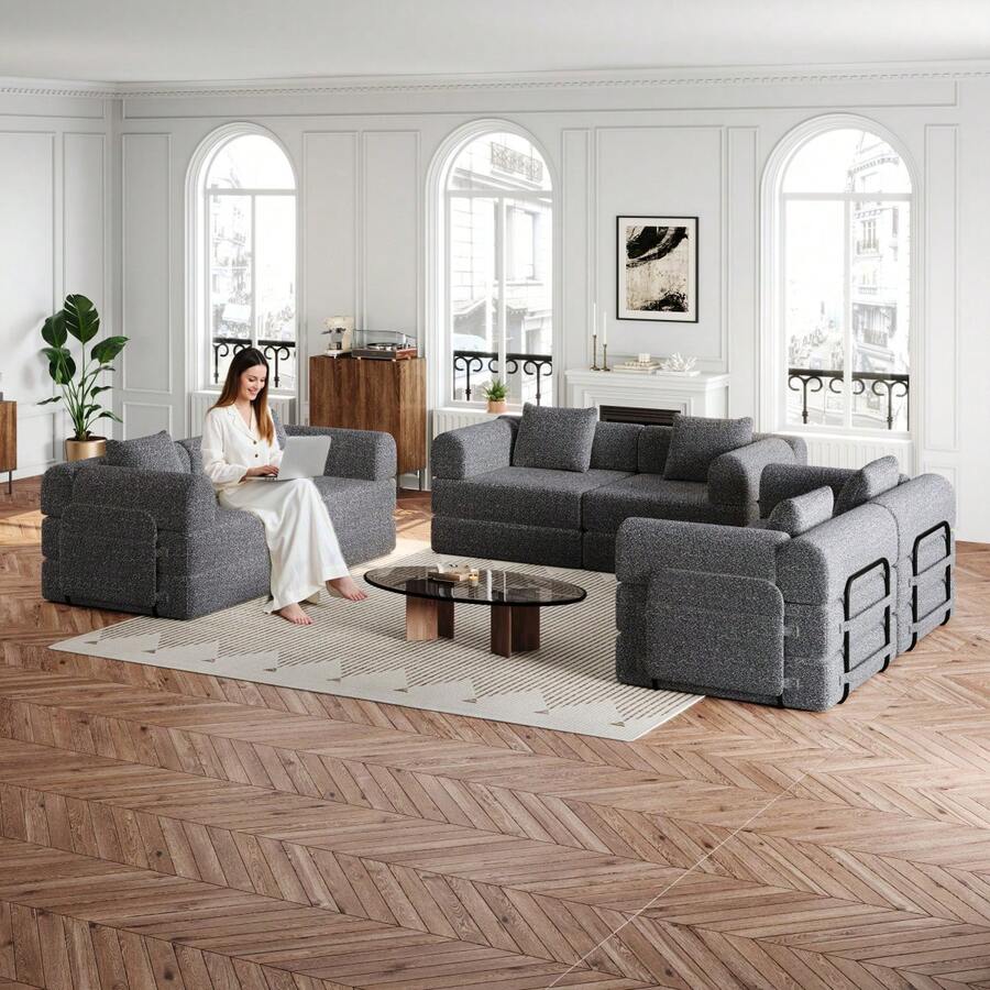 Sofa Bed Set - Grey + Chenille + 6 Seat - View 1