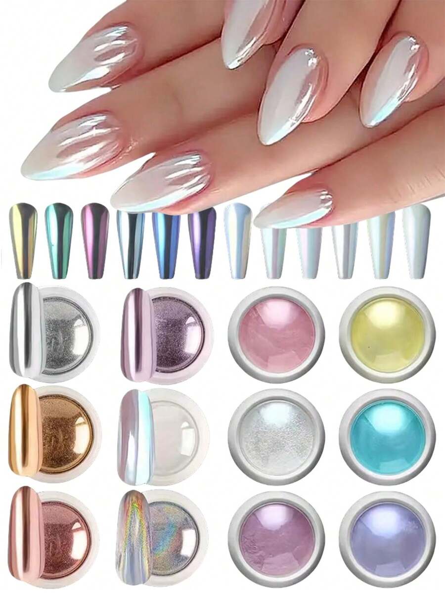 12色炫彩美甲粉，12色全息炫彩镜面美甲粉套装，极光彩虹闪粉美甲粉，适用于美甲设计 - 彩色 - 查看 1