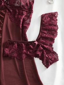 Temptuelle 2pcs Plus Size Women Lace & Mesh Patchwork V-Neck Camisole Lingerie Set, Suitable For Home Wear & Sexy Intimates - Redwood - View 6