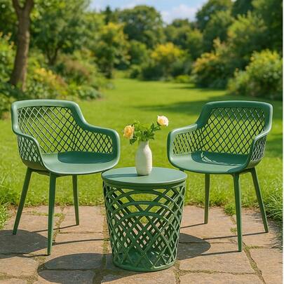 Patio Bistro Furniture Three Piece Sets Garden With PP Seat And Tabletop Outdoor Conversation Table Chairs For Balcony Lawn (Green)